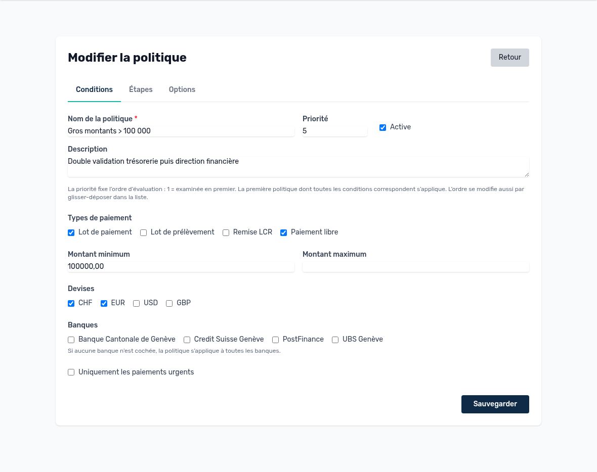 “Large amounts ≥ 100,000” policy — Conditions tab