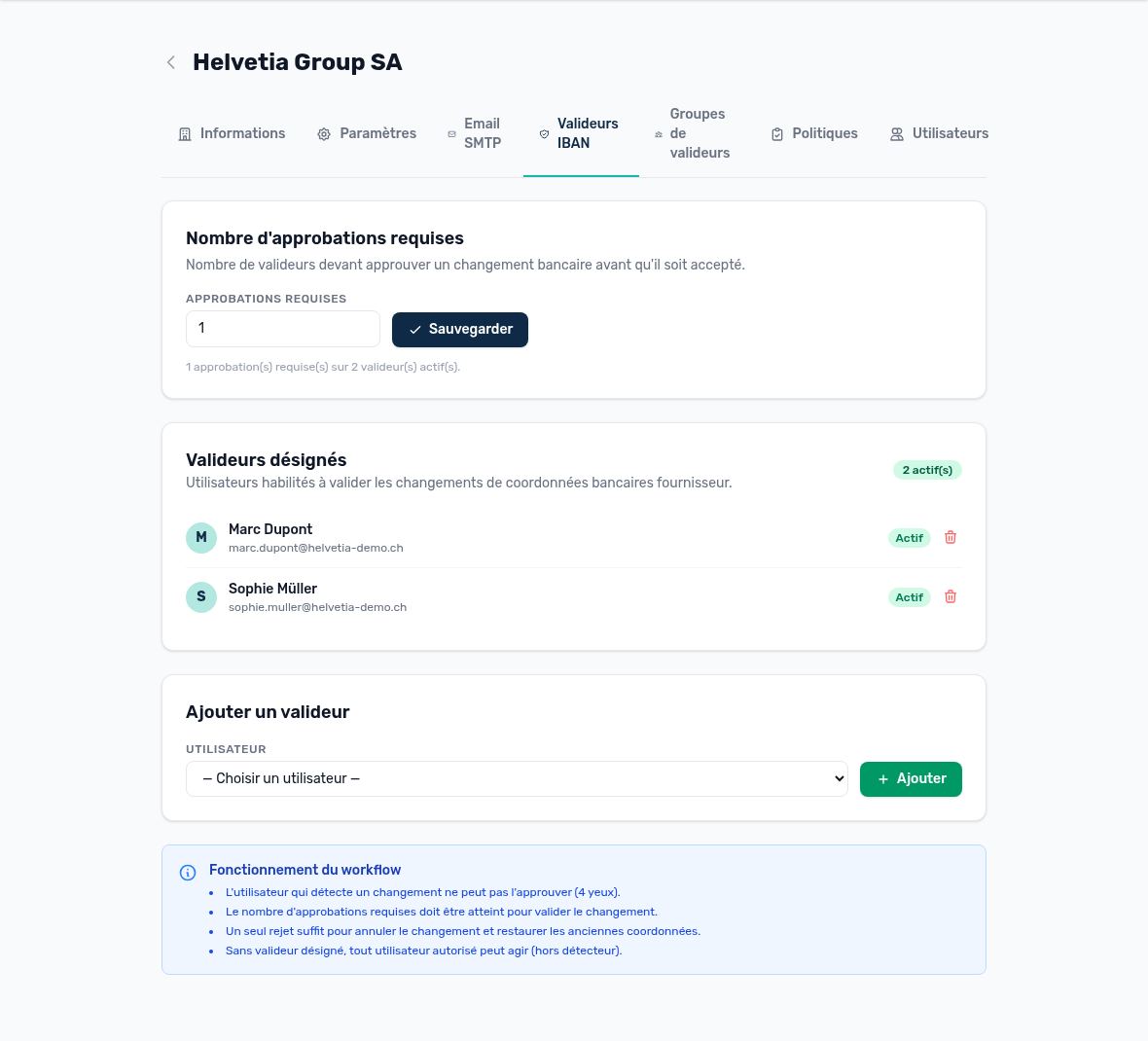 IBAN approvers tab: who can approve a bank detail change